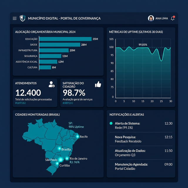 Dashboard do Portal de Governança Municipal BETADEV mostrando métricas de atendimento, orçamento e uptime